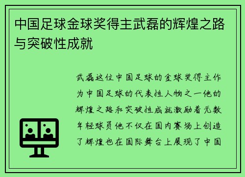 中国足球金球奖得主武磊的辉煌之路与突破性成就 中国足球金球奖得主武磊的辉煌之路与突破性成就