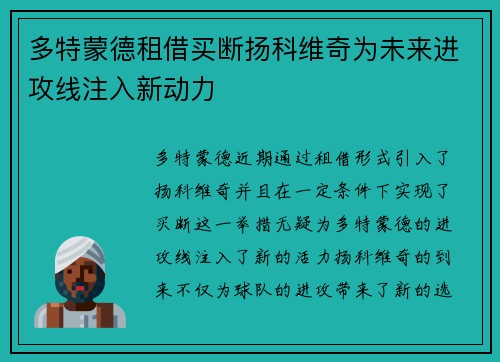 多特蒙德租借买断扬科维奇为未来进攻线注入新动力